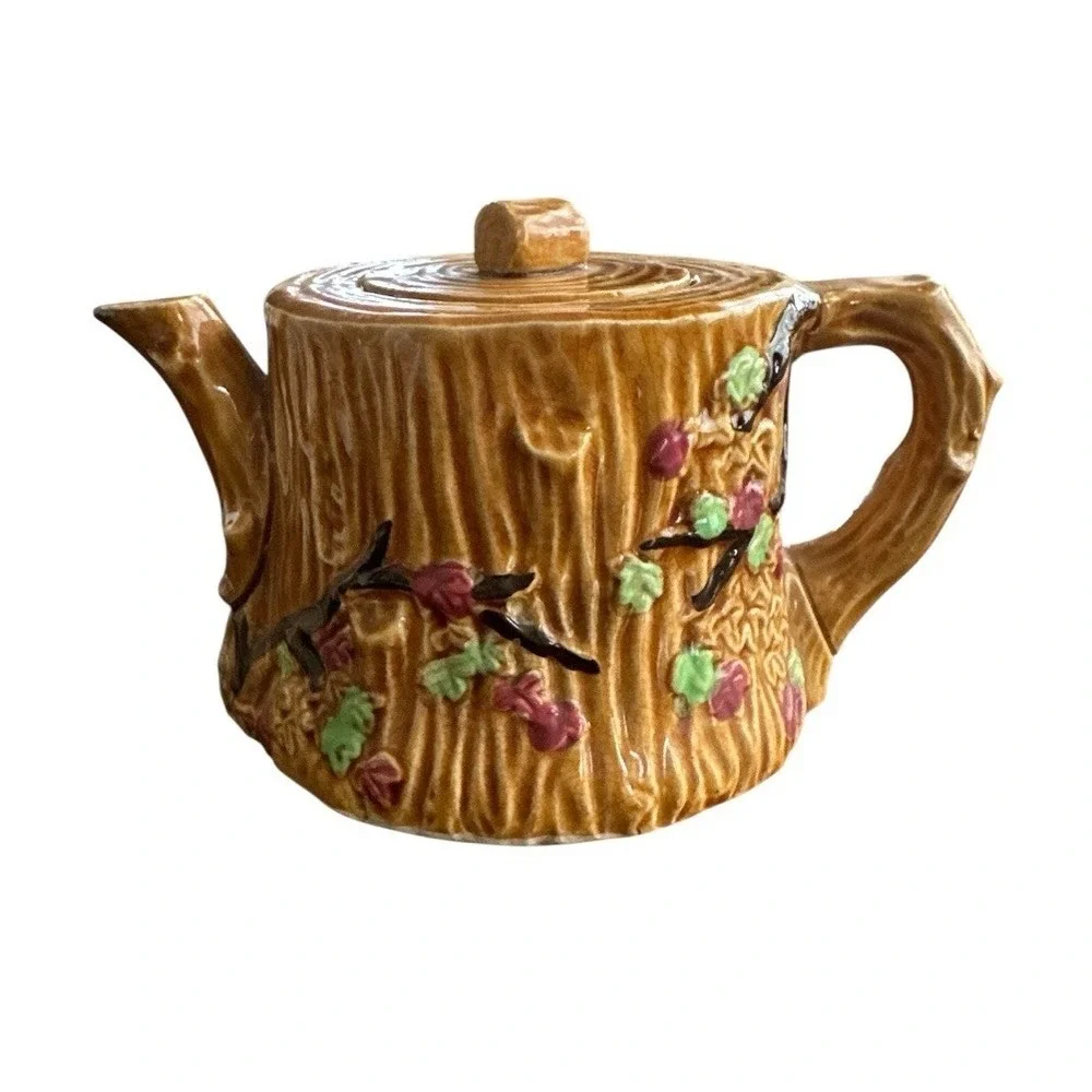 Vintage Majolica‎ Style Tree Bark Design Tea Pot Branches Leaves Blossoms Japan